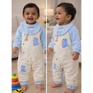 Blue Dino and Cream Winter Romper with Matching Bib for Tiny Toddlers - 0 - 3 Months Winter Wear