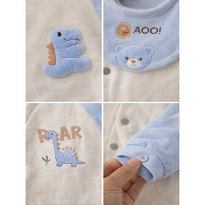 Blue Dino and Cream Winter Romper with Matching Bib for Tiny Toddlers - 0 - 3 Months Winter Wear