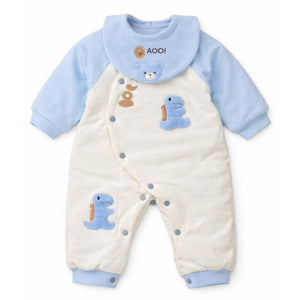 Blue Dino and Cream Winter Romper with Matching Bib for Tiny Toddlers - 0 - 3 Months Winter Wear