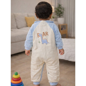 Blue Dino and Cream Winter Romper with Matching Bib for Tiny Toddlers - 0 - 3 Months Winter Wear