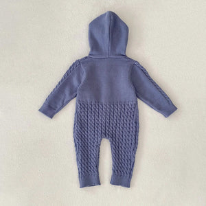 Blue Dino Full Sleeves Jumpsuit Hoodie Winter Romper for Tiny Toddlers - 3 - 6 Months Winter Wear
