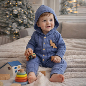 Blue Dino Full Sleeves Jumpsuit Hoodie Winter Romper for Tiny Toddlers - 3 - 6 Months Winter Wear