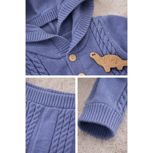 Blue Dino Full Sleeves Jumpsuit Hoodie Winter Romper for Tiny Toddlers - 3 - 6 Months Winter Wear