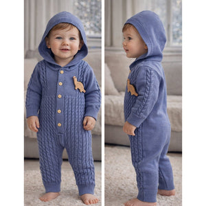 Blue Dino Full Sleeves Jumpsuit Hoodie Winter Romper for Tiny Toddlers - 3 - 6 Months Winter Wear
