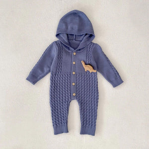 Blue Dino Full Sleeves Jumpsuit Hoodie Winter Romper for Tiny Toddlers - 3 - 6 Months Winter Wear