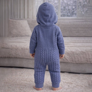 Blue Dino Full Sleeves Jumpsuit Hoodie Winter Romper for Tiny Toddlers - 3 - 6 Months Winter Wear