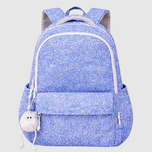 Blue Doodle Print School Backpack with Plush Pom - Pom Keychain for Kids & Teens - Back To School
