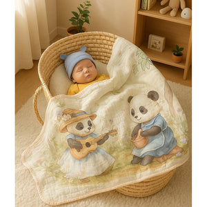 Blue Frock Panda print Super Soft Breathable pure Muslin cotton Blanket for Infants - Bedding