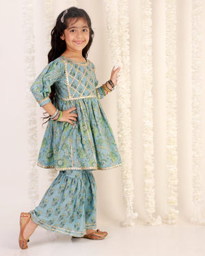 Blue Haze Floral Print Sharara Girls Set - SS-MBGKS-0-6