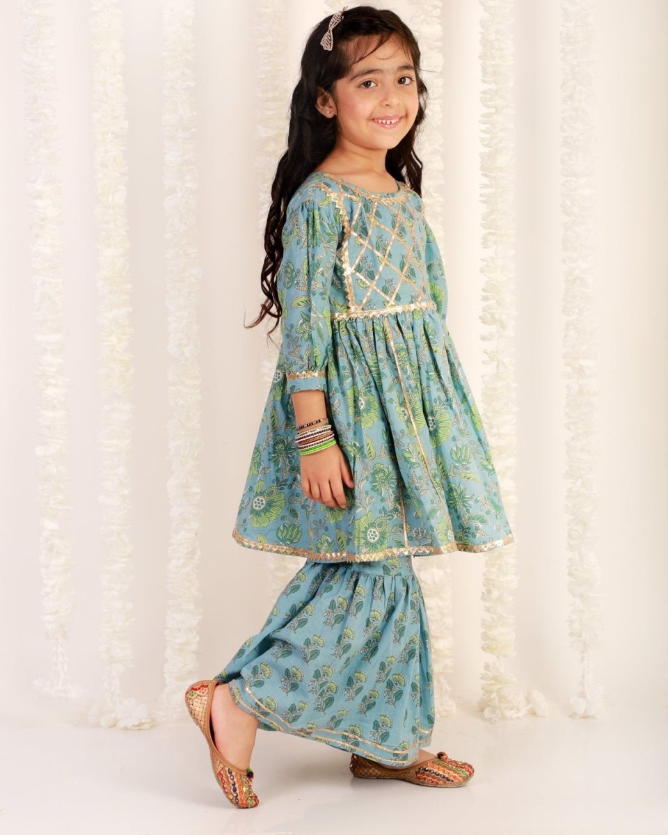 Blue Haze Floral Print Sharara Girls Set - SS-MBGKS-0-6