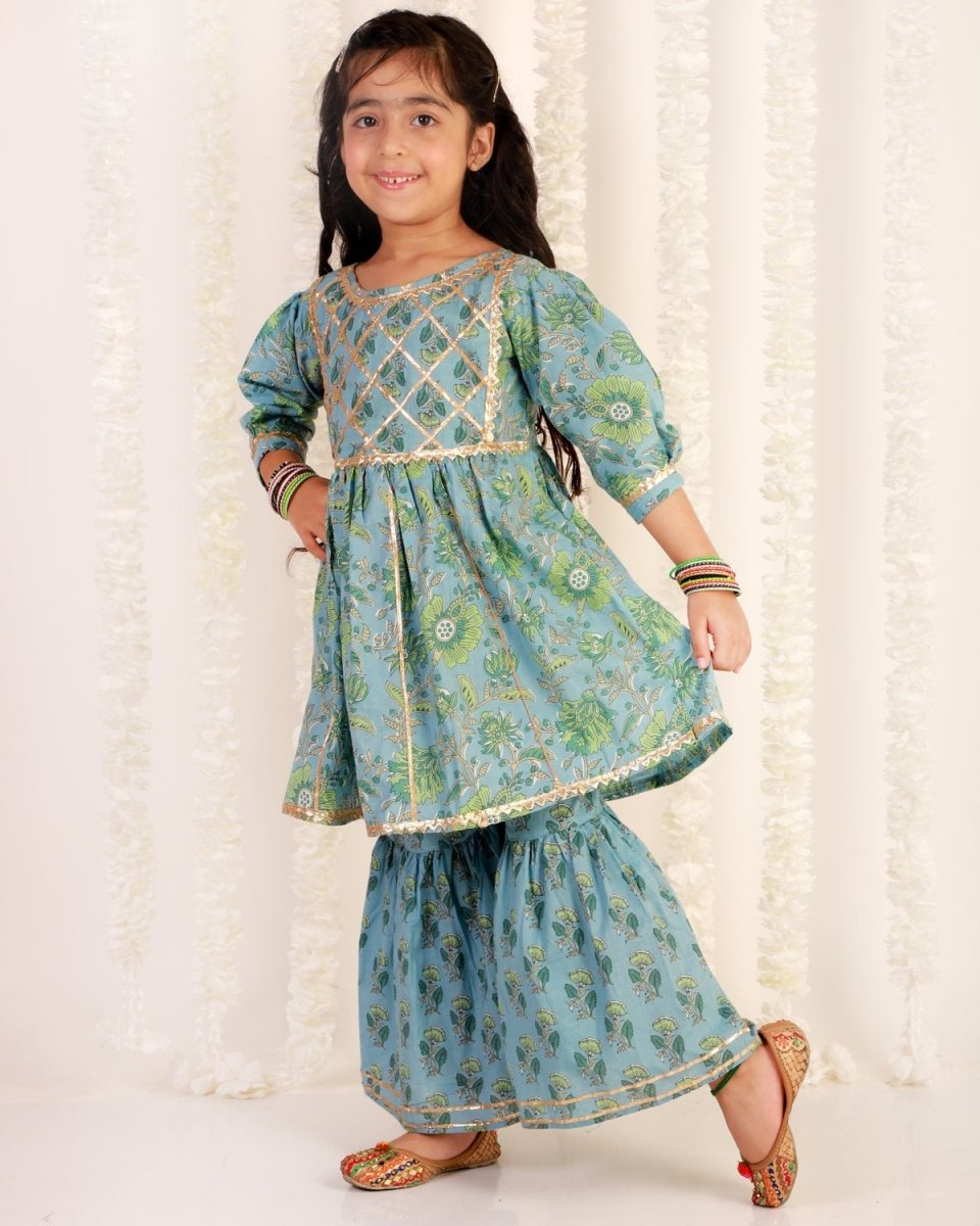 Blue Haze Floral Print Sharara Girls Set - SS-MBGKS-0-6