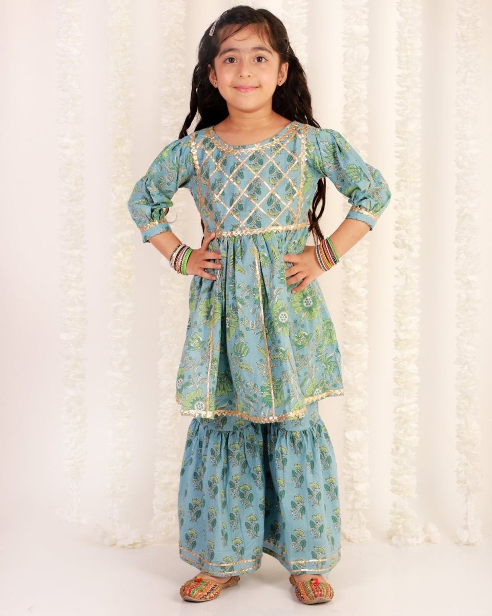Blue Haze Floral Print Sharara Girls Set - SS-MBGKS-0-6