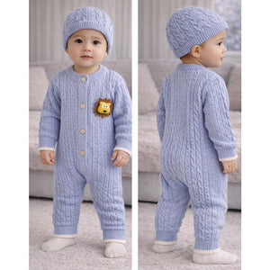 Blue Lion Face Full Sleeves Jumpsuit Romper with Cap for Tiny Toddlers - 3 - 6 Months Winter Wear