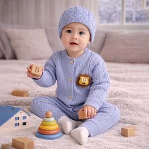 Blue Lion Face Full Sleeves Jumpsuit Romper with Cap for Tiny Toddlers - 3 - 6 Months Winter Wear