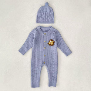 Blue Lion Face Full Sleeves Jumpsuit Romper with Cap for Tiny Toddlers - 3 - 6 Months Winter Wear