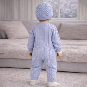 Blue Lion Face Full Sleeves Jumpsuit Romper with Cap for Tiny Toddlers - 3 - 6 Months Winter Wear