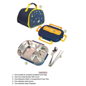 Blue Lunch Time 2 pcs Stainless Steel Kids Lunch Box with matching Lunch Bag - Back To School