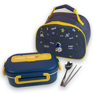 Blue Lunch Time 2 pcs Stainless Steel Kids Lunch Box with matching Lunch Bag - Back To School