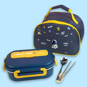 Blue Lunch Time 2 pcs Stainless Steel Kids Lunch Box with matching Lunch Bag - Back To School
