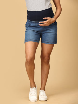 Blue Maternity Denim Shorts With Belly Support