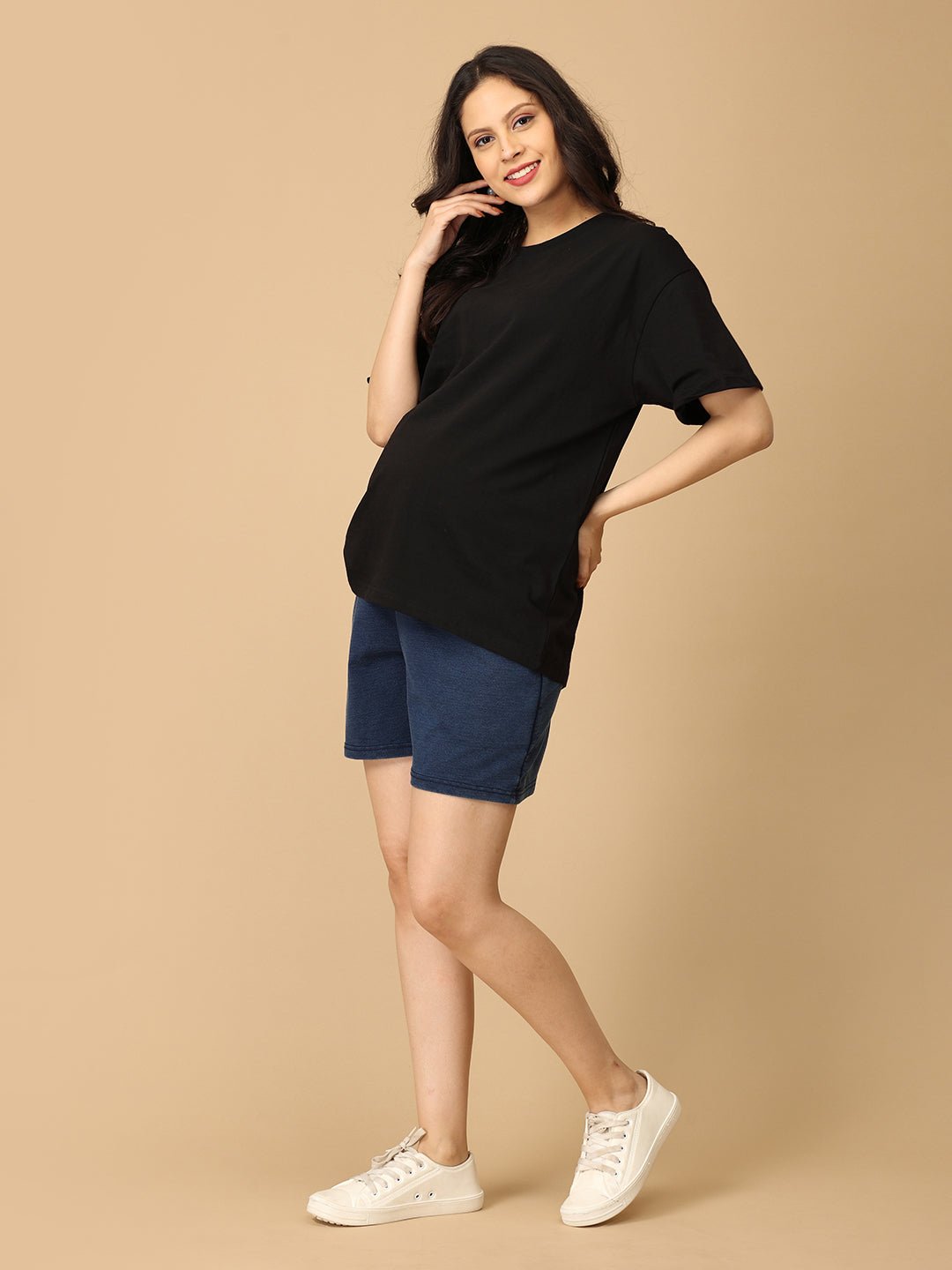 Blue Maternity Knit Denim Shorts With Belly Support - Dark Wash - MDD - AN - DBDS - S