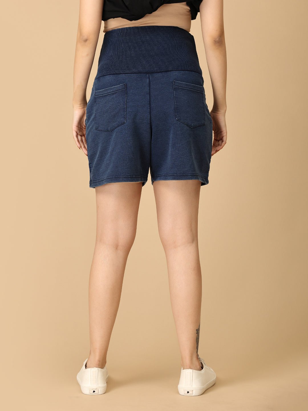 Blue Maternity Knit Denim Shorts With Belly Support - Dark Wash - MDD - AN - DBDS - S