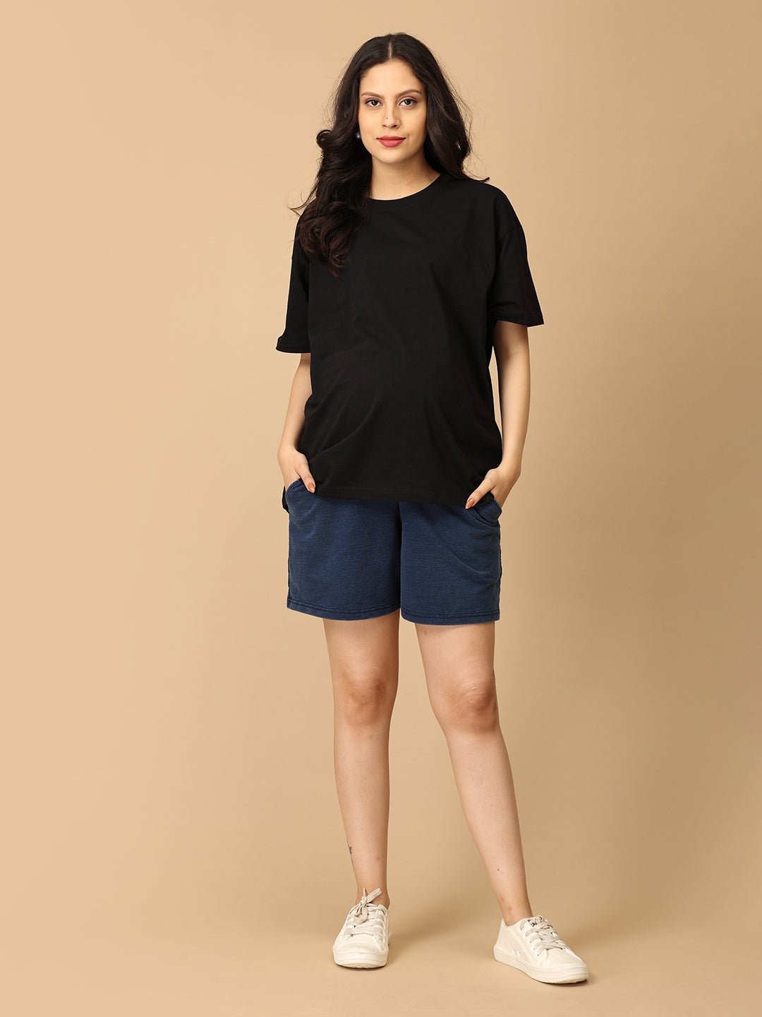 Blue Maternity Knit Denim Shorts With Belly Support - Dark Wash - MDD - AN - DBDS - S