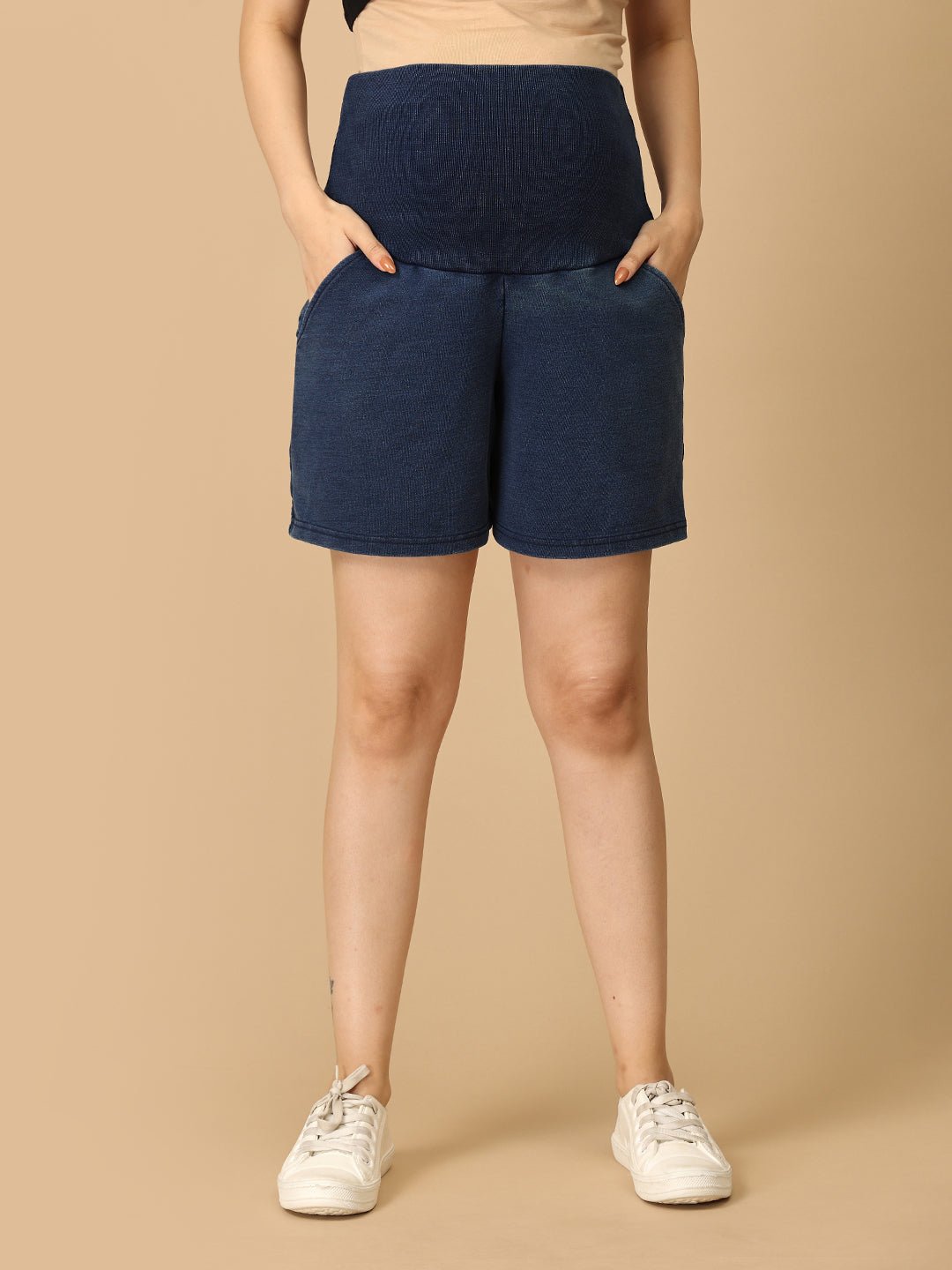 Blue Maternity Knit Denim Shorts With Belly Support - Dark Wash - MDD - AN - DBDS - S