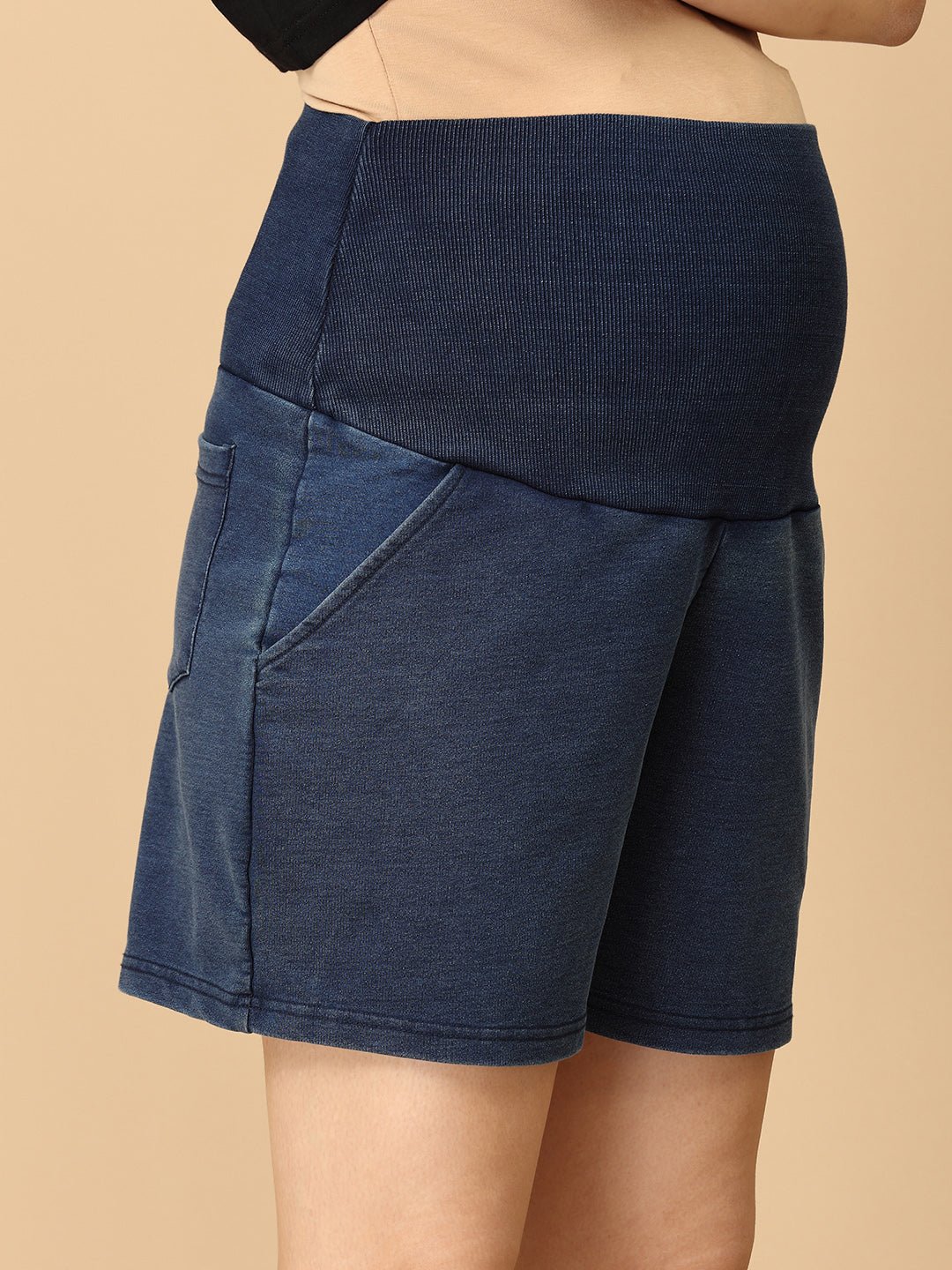 Blue Maternity Knit Denim Shorts With Belly Support - Dark Wash - MDD - AN - DBDS - S