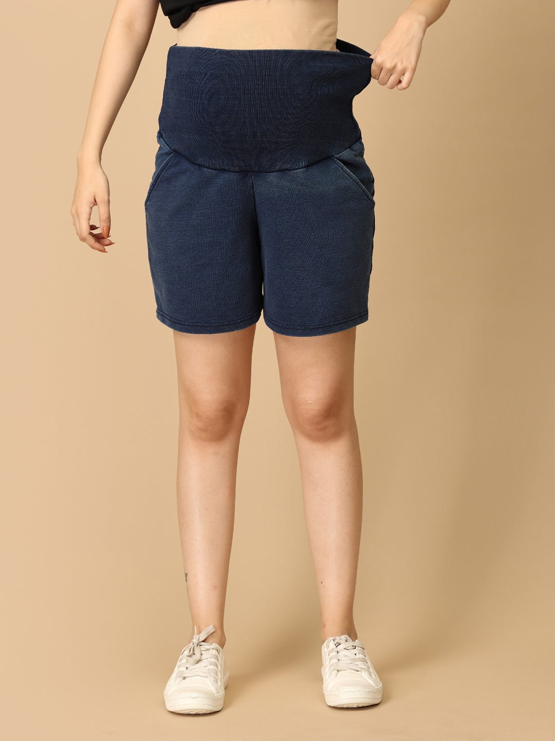 Blue Maternity Knit Denim Shorts With Belly Support - Dark Wash - MDD - AN - DBDS - S