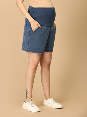 Blue Maternity Knit Denim Shorts With Belly Support - Light Wash - MDD - AN - LBDS - S