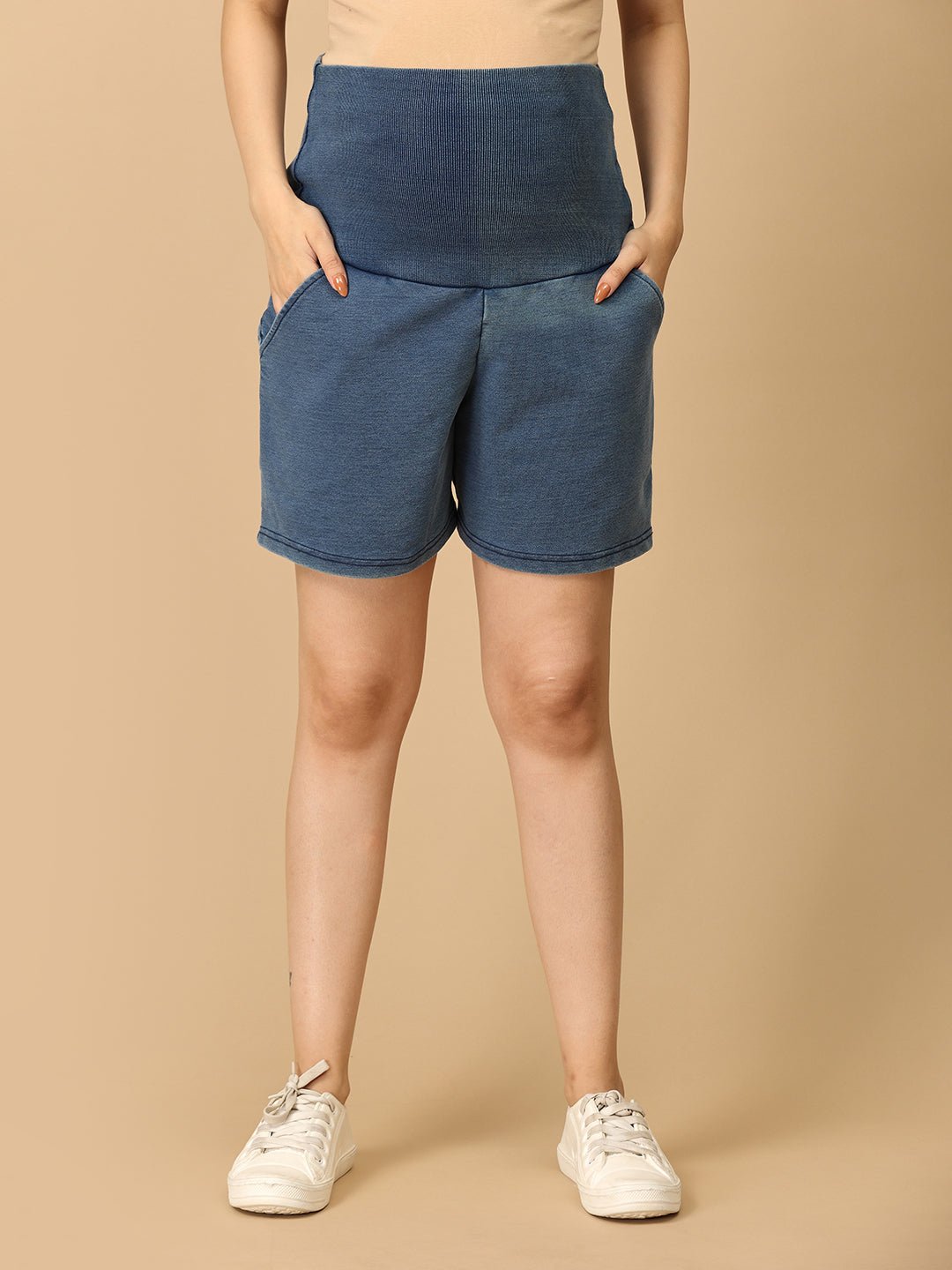 Blue Maternity Knit Denim Shorts With Belly Support - Light Wash - MDD - AN - LBDS - S