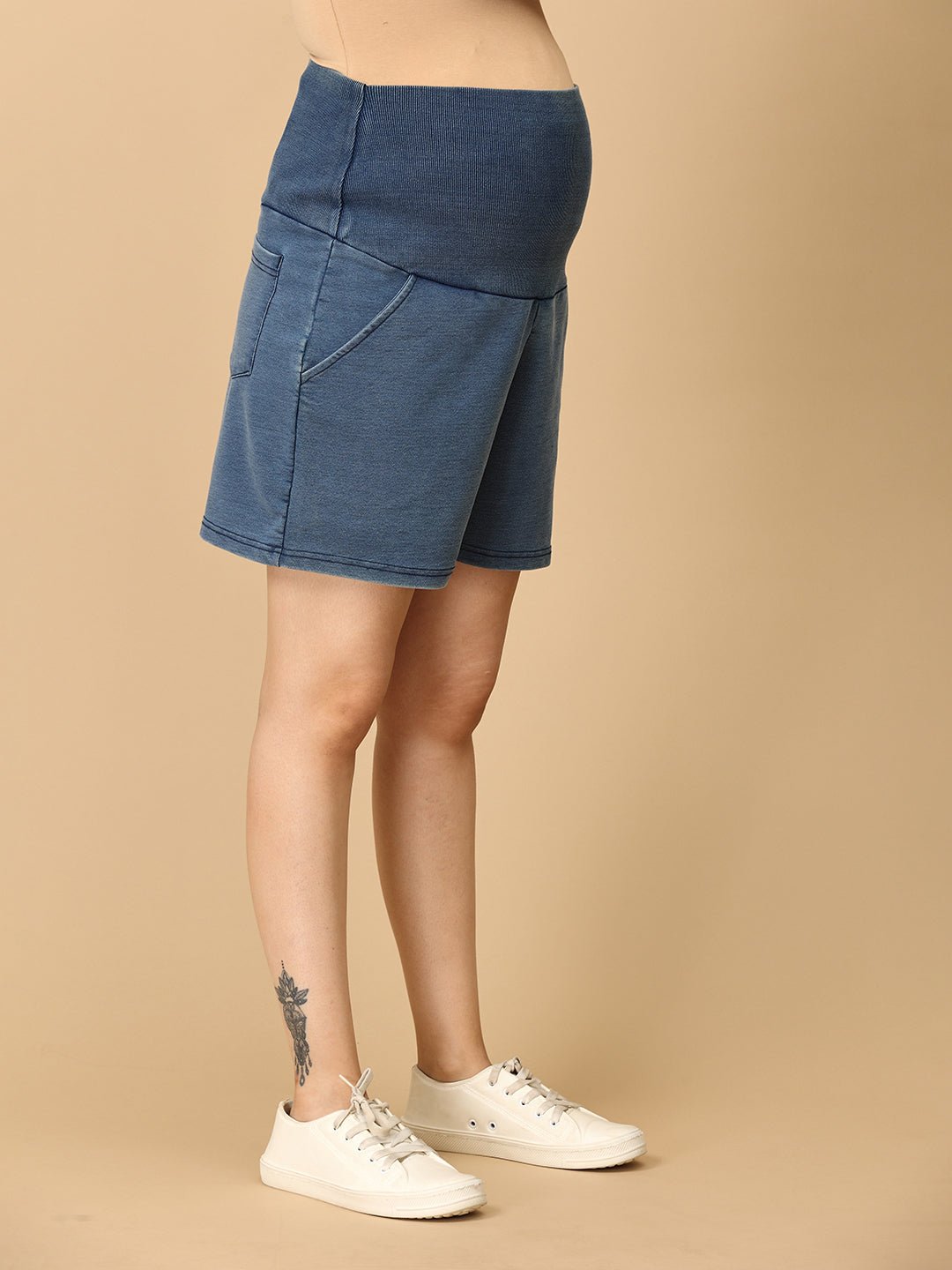 Blue Maternity Knit Denim Shorts With Belly Support - Light Wash - MDD - AN - LBDS - S