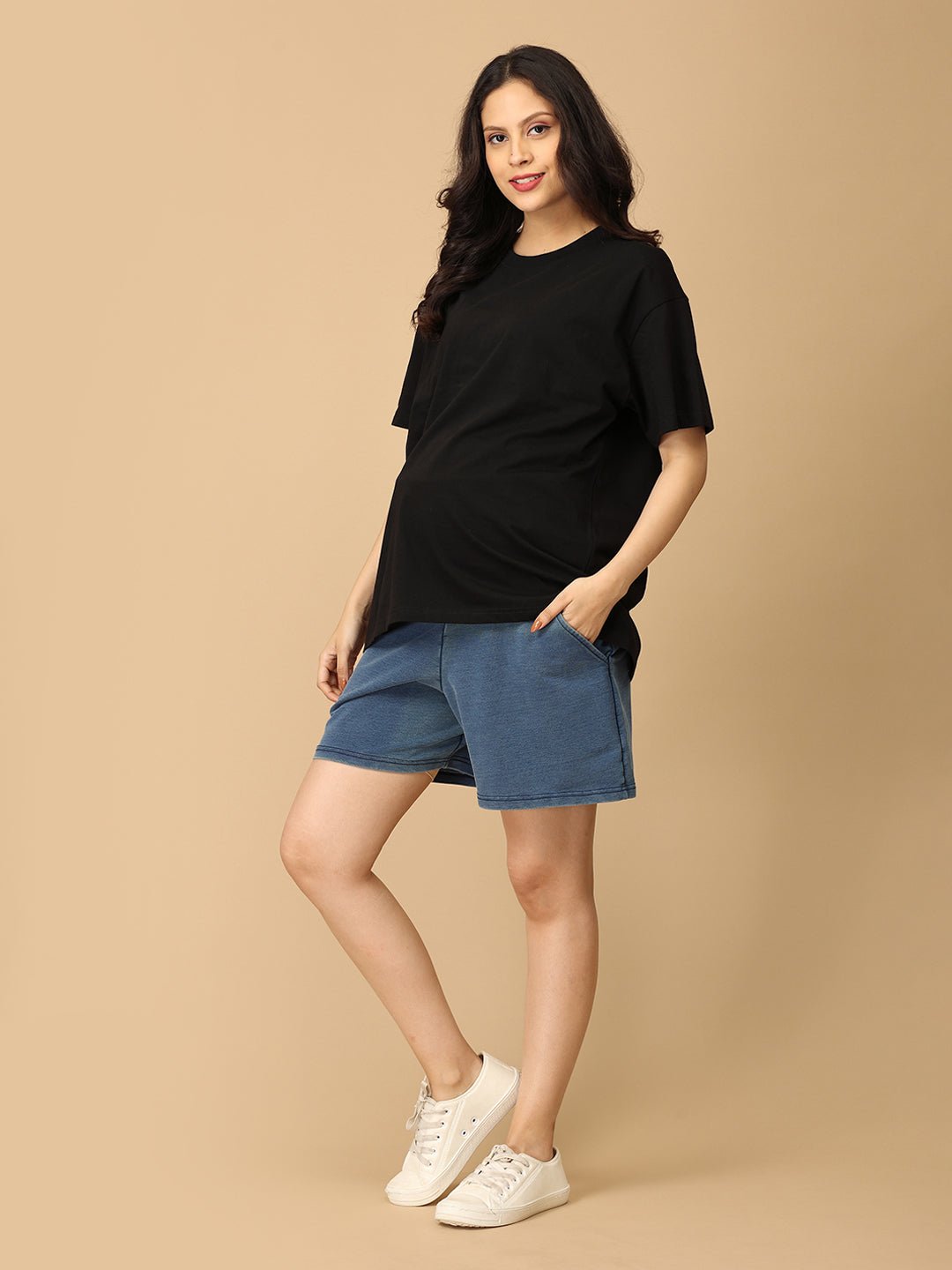 Blue Maternity Knit Denim Shorts With Belly Support - Light Wash - MDD - AN - LBDS - S