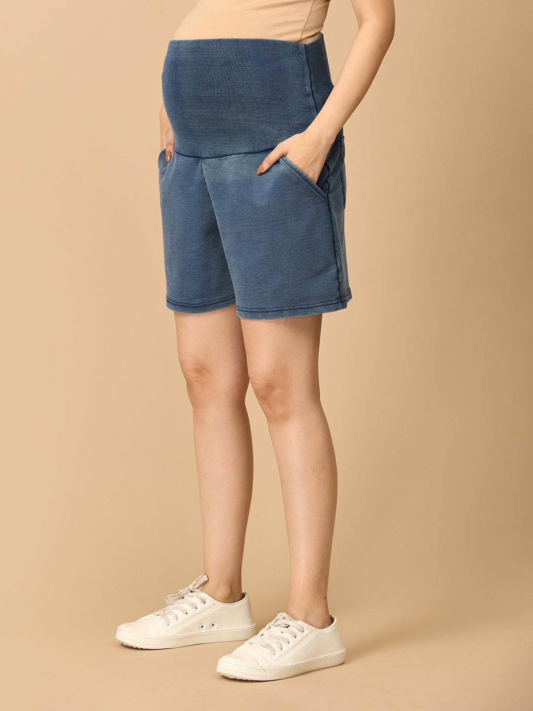 Blue Maternity Knit Denim Shorts With Belly Support - Light Wash - MDD - AN - LBDS - S