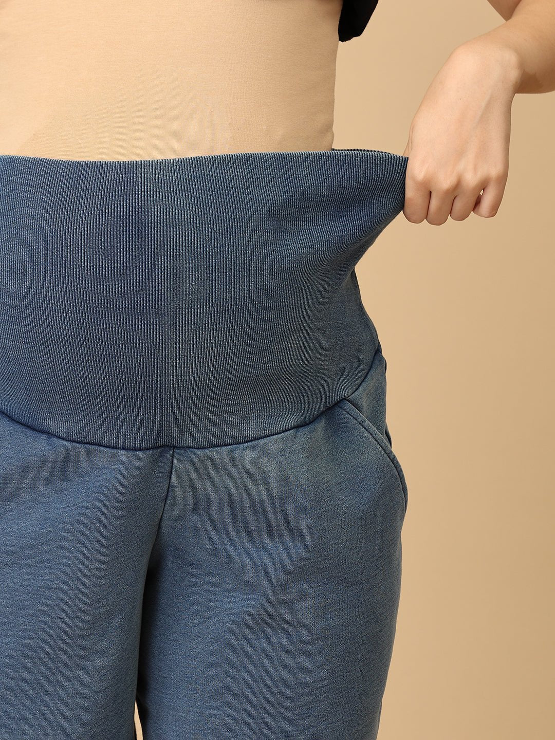 Blue Maternity Knit Denim Shorts With Belly Support - Light Wash - MDD - AN - LBDS - S