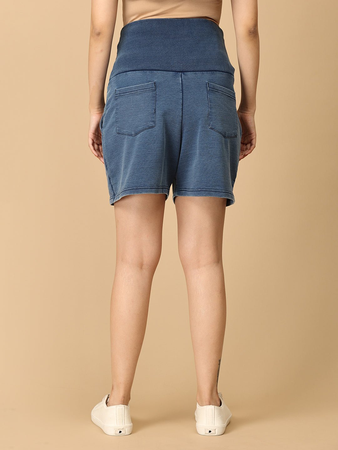 Blue Maternity Knit Denim Shorts With Belly Support - Light Wash - MDD - AN - LBDS - S