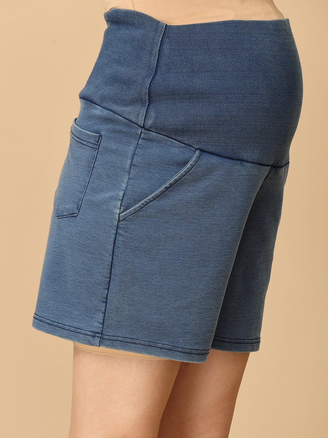 Blue Maternity Knit Denim Shorts With Belly Support - Light Wash - MDD - AN - LBDS - S