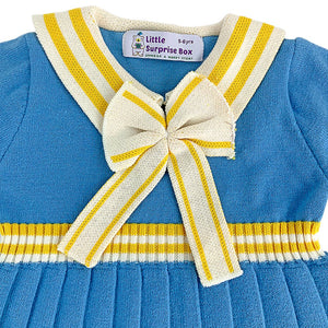Blue & Mustard Big Bow & Stripes Sailor neck Winterwear Frock - 2 - 3 Years Kids Clothing