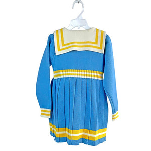 Blue & Mustard Big Bow & Stripes Sailor neck Winterwear Frock - 2 - 3 Years Kids Clothing