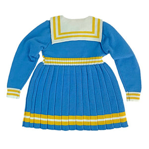 Blue & Mustard Big Bow & Stripes Sailor neck Winterwear Frock - 2 - 3 Years Kids Clothing