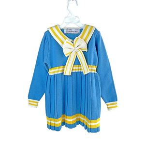 Blue & Mustard Big Bow & Stripes Sailor neck Winterwear Frock - 2 - 3 Years Kids Clothing