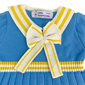 Blue & Mustard Big Bow & Stripes Sailor neck Winterwear Frock - 2 - 3 Years Kids Clothing