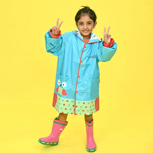 Blue Polka dots Owl Knee Length Raincoat for Kids - Little Surprise BoxBlue Polka dots Owl Knee Length Raincoat for Kids