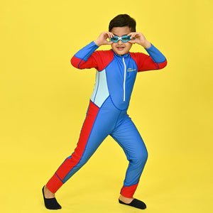 Blue & Red Full Length Swimwear for Teens & Adults with UPF 30+ with Free Washbag - 9 - 10 Years Swim