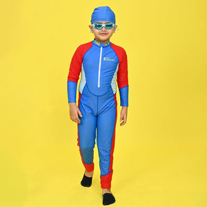 Blue & Red Full Length Swimwear for Teens & Adults with UPF 30+ with Free Washbag - 9 - 10 Years Swim