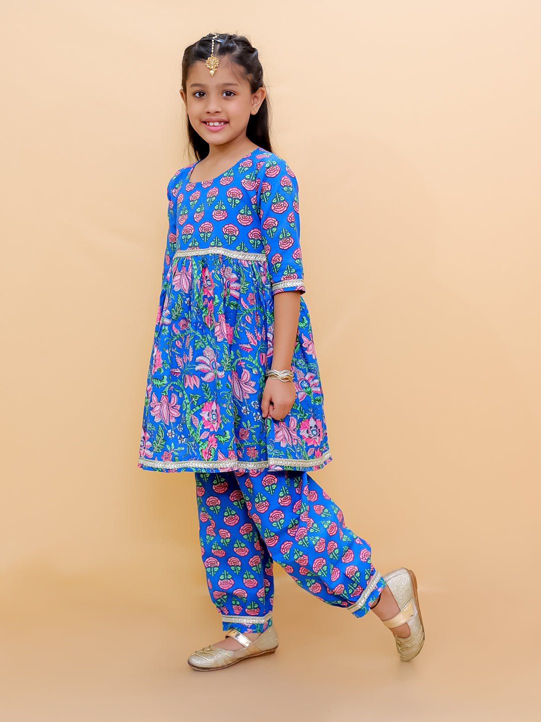 Ethnic Set-Blue Royal Floral Girls Kurta Set with Blue Royale Boys Jacket And Kurta Pajama Set
