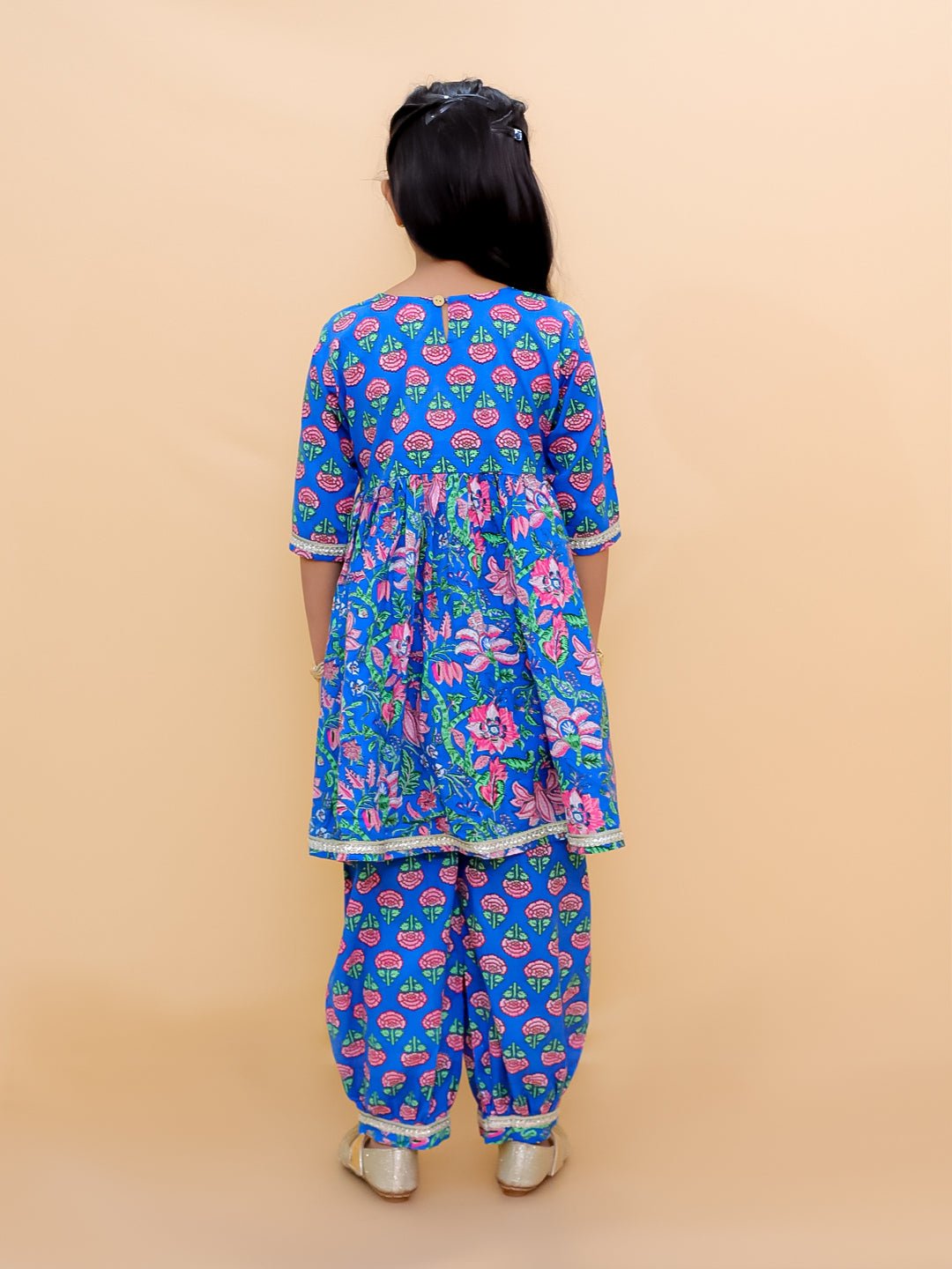 Ethnic Set-Blue Royal Floral Girls Kurta Set with Blue Royale Boys Jacket And Kurta Pajama Set