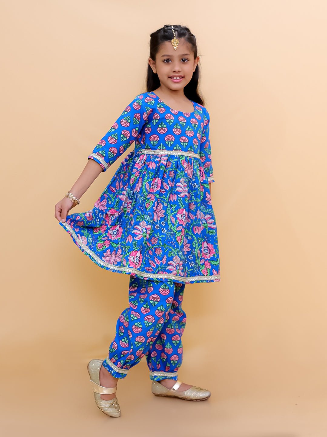 Ethnic Set-Blue Royal Floral Girls Kurta Set with Blue Royale Boys Jacket And Kurta Pajama Set