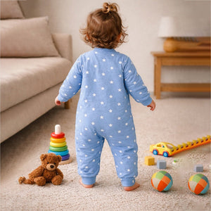 Blue Star Print with Yellow Bow Winter Full Sleeves Jumpsuit Romper for Tiny Toddlers - 3 - 6 Months Kids Clothing